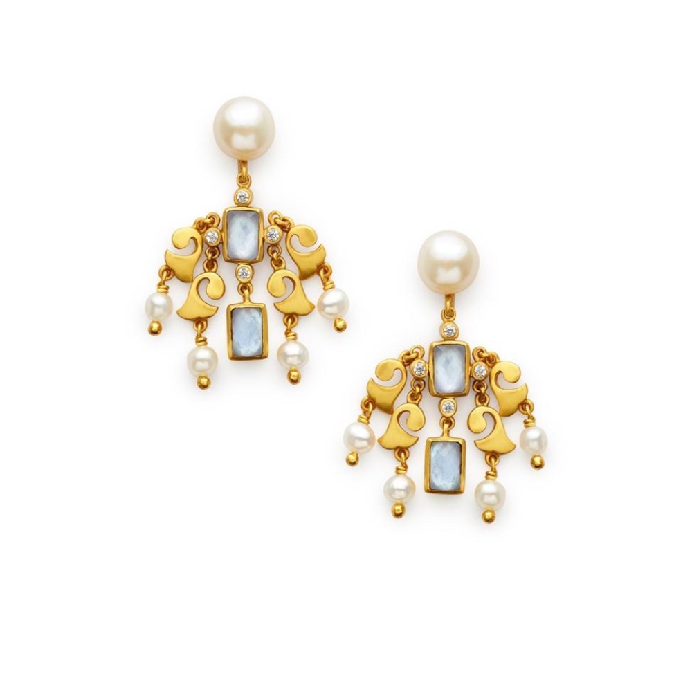 Julie Vos Clara Chandelier Earring- Pearl & Iridescent Chalcedony Blue